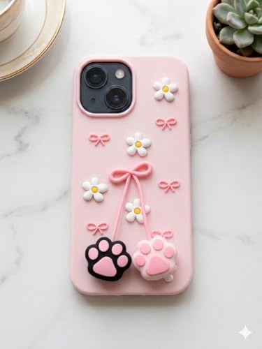 Image of for iPhone 15 Soft Silicone Phone case Features 3D Cartoon Flower and cat paw Claw Designe | Full Camara Protection | Super Soft-Touch |Shock Proof Back Cover for iPhone 15 (Pink)