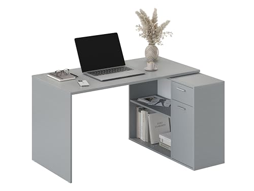 RICOO Eckschreibtisch mit Stauraum Platingrau WM083-PL L Form Schreibtisch mit Schubladen 136x101x75 cm Computertisch Bürotisch PC Tisch Ecke Winkelschreibtisch Schreibtische Holz