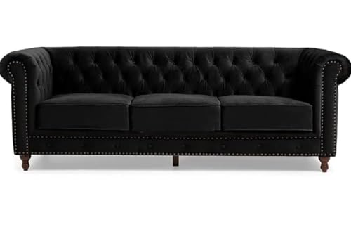 Image of Modern and Stylish 3 Seater Chesterfield Luxury Sofa with Valvet and Fabric Comfortable Sofa for Living Room, Dining Room, Hallway, and Office-(BLACKK).