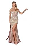 Cdqcai Sexy Mermaid Evening Dress Off Shoulder Sleeveless Tulle Sweep-Brush Train Prom Dress with Sequins Rhinestone 2025 Champagne