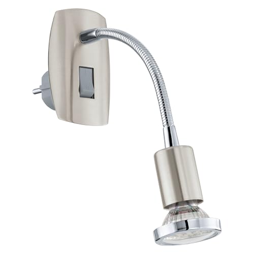 EGLO Mini lámpara con enchufe de 1 foco, lámpara de enchufe de acero, color níquel mate, cromado, enchufe GU10, incl interruptor y brazo flexible