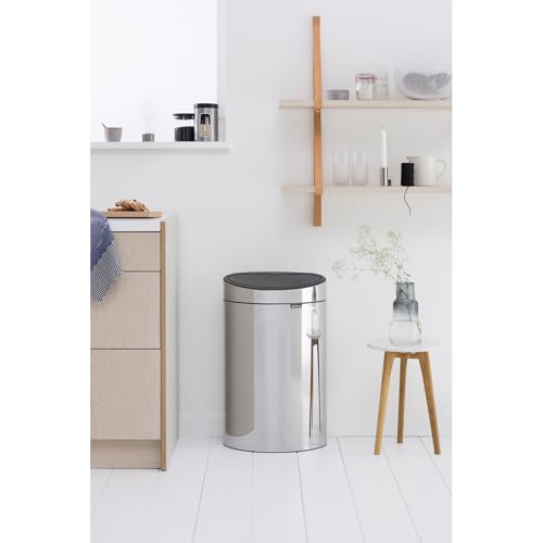 Image of Brabantia Press-Top Kitchen Trash Can with Flat Back | Brilliant Steel | 10.6 Gallon / 40L | Home Trash Can with Soft-Touch Stay-Open Lid & Removable Inner Bucket | Flat Against Wall | + Trash Bags