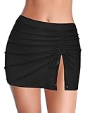  SHEKINI Damen Kordelzug Baderock mit Innenslip Seite Geteilter Schwimmrock Mid Rise Bikinirock Bis zu Oberschenkel Hüftrock Zum Schwimmen (Schwarz, L)