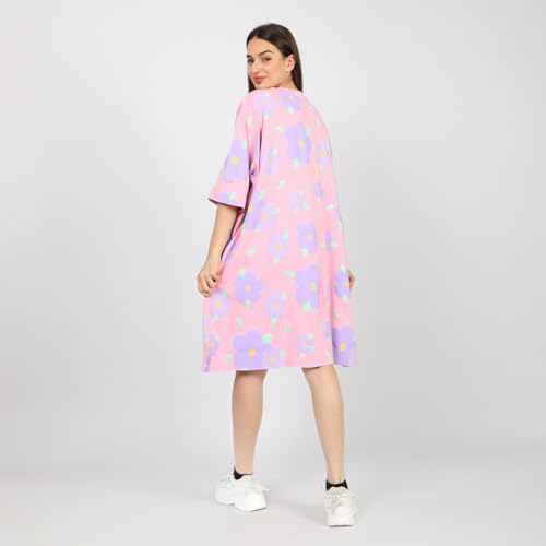 Image of LAMA STORE Women's Printed Oversized T-Shirt Dress, Cotton, 3 /4 Sleeve Length, Casual Loose Fit, Comfort Wear Extra Comfy Oversized Printed Pocket T-Shirt Dress