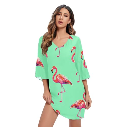 Robe trapèze en mousseline col en V à motif flamant rose