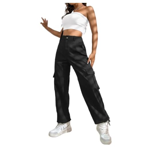 LOLOCCI Black Cargo Pants Baggy Women Cargo Work Casual High Waisted Black Pants