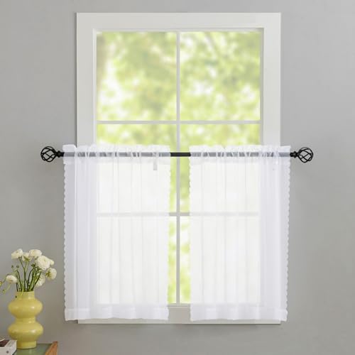 Image of White Sheer Tier Curtains - 30 inch Length, Transparent Half Window Curtains for Kitchen, Bathroom, Cafe - Light Filtering Voile Panels, Rod Pocket, 2 Panels, 30Wx30L