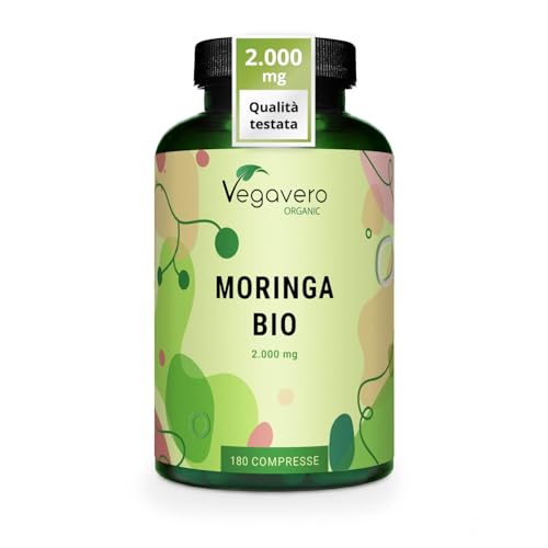 Moringa Oleifera Biologica | 1.000 mg per compressa | 180 compresse (3 Mesi) | 2% di Glucosinolati | Superfood fonte di Proteine Vegane | Certificata in Laboratorio | Vegavero®