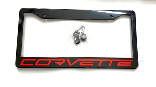 1PC C8 Corvette License Plate Frame - Black with C8 Crossed Flags Logo for 2020-2026 Stingray, Z51, Z06, E-Ray Corvettes