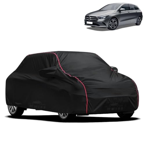 Image of Waterproof Car Cover for Mercedes Benz BClass | All-Weather Protection, Dustproof & UV Resistant | Triple Stitched Mirror Pockets, Windproof Buckle Strap with Elastic Hem, Black-Red Piping