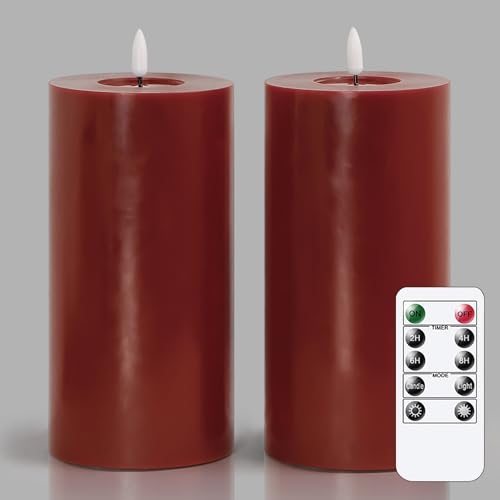 Image of Flameless Flickering 4 inch x8 inch Real Wax Burgundy Remote Candles with Candle Grease, Pack of 2 Timer LED Battery Operated Fake Warm Light Pillar Candles for Home, Banquet, Ceremony Decoration