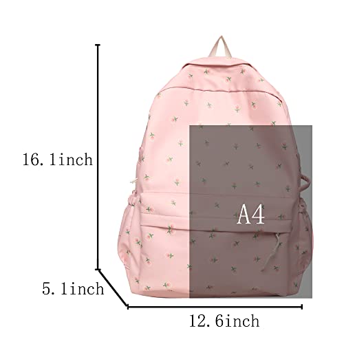 Kawaii Backpack Mori Art Floral Backpack With Pendant 16.1 Inch Aesthetic Backpack Cute Backpack Classic Casual Computer Backpack (White)2