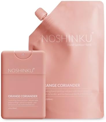 Noshinku Orange Coriander Pocket Hand Sanitizer Refill Kit: Sprayer + Refill Pouch Bundle | Antibacterial Sanitizing Mist | Moisturizing Oils | FDA Registered | Sugarcane Derived Alcohol | Travel Size