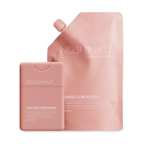 Noshinku Orange Coriander Pocket Hand Sanitizer Refill Kit: Sprayer + Refill Pouch Bundle | Antibacterial Sanitizing Mist | Moisturizing Oils | FDA Registered | Sugarcane Derived Alcohol | Travel Size