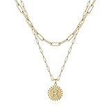 Gargantilla con capas para mujer chapado en oro de 14 quilates delicada cadena de clip de papel collar simple ajustable con inicial colgante de moneda collares de cadena de oro con capas para mujer