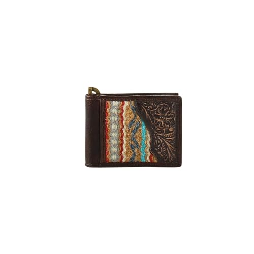 ARIAT Men's Leather Bifold Money Clip Wallet with Floral Tooled Design and Wool Southwestern Pattern