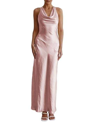 Satin Cowl Neck Sleeveless Backless Maxi Wedding Guest Dress Silk Open Back Tie Back Prom Formal Dresses for Women 2025, Pink, XL