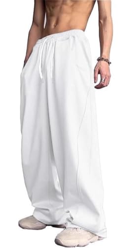 PADOLA Baggy Jogginghose Herren Elastische Taille mit Kordelzug Cargohose Einfarbige Trainingshose Weites Bein Y2K Hosen Casual Freizeithose Streetwear Sweatpants Outdoor Hose (2 Weiß, XXL)