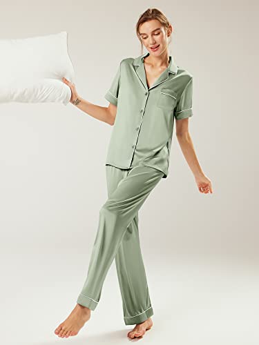 AW BRIDAL Womens Satin Pajama Set Soft Short Sleeve Silk Pajamas Button Down Loungewear Sleepwear Two Piece Pj Sets, S-XL3