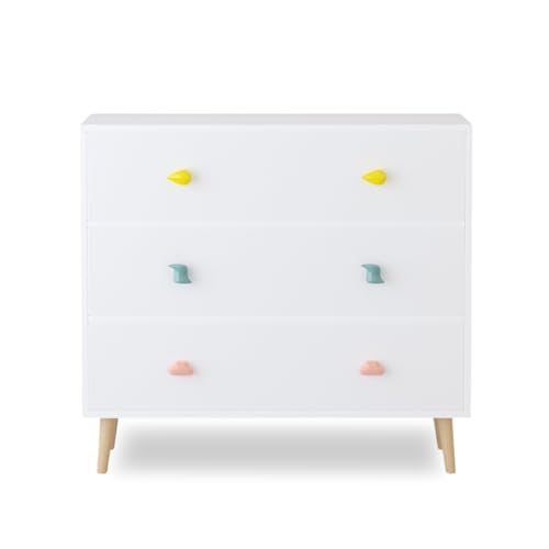 Image of 3-Drawer Chest of Drawers with Colorful Cartoon Handles, Anti-Dumping White Dresser with Solid Wood Legs,Storage Cabinet for Living Room, Closet, Apartment