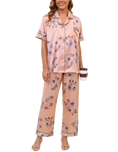 Image of UMBY Silk Satin Pajamas for Women Set 2 Piece button down Soft Silk Pjs Sets Cozy Silky Pajama Short Sleeve