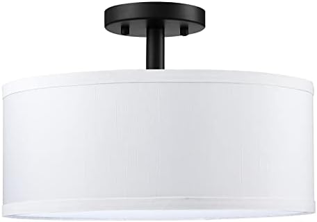 Leading Lighting 18" 3 Light Off White Fabric Drum Shade semi Flush Mount Ceiling Light Black Finish, Chandeliers Shade for Bar, Dining Room, Corridor,Living Room