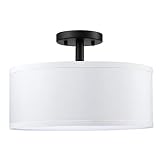 Leading Lighting 18" 3 Light Off White Fabric Drum Shade semi Flush Mount Ceiling Light Black Finish