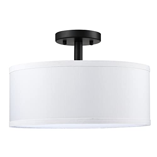 Leading Lighting 18" 3 Light Off White Fabric Drum Shade Semi Flush Mount Ceiling Light Black Finish, Chandeliers Shade For Bar, Dining Room, Corridor,Living Room #TOP2