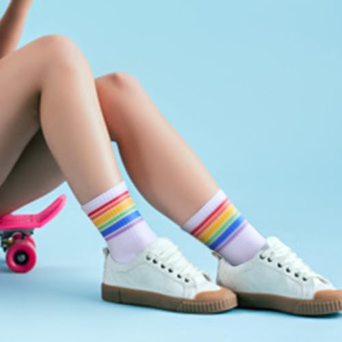 Image of YUEDGE Women's Striped Cuff Casual Cushioned Crew Socks Moisture Wicking Odour Free White Cotton Tennis Cycling Running Training Athletic Socks For Women Size 9-12, 5 Pairs