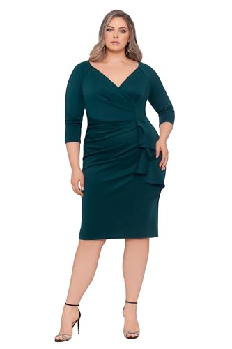 Image of Xscape Women's Plus Size Midi V-Neck 3 /4 Sleeve Side Ruched Dress, Hunter, 20W