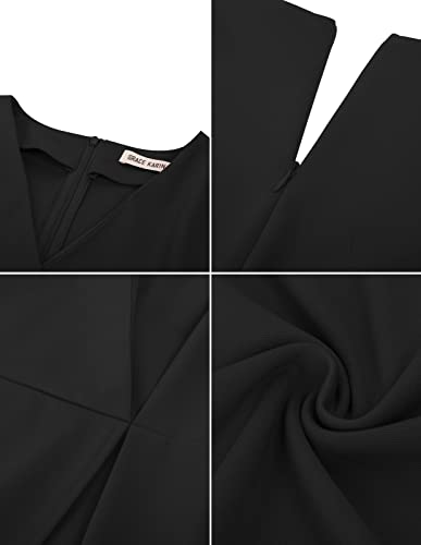 Women's V Neck Short Sleeve Sheath Dress Office Work Tie Waist Faux Wrap Split Cocktail Party Dress Midi Dress Black Xl #TOP5