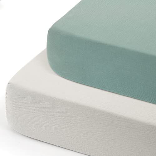 Image of GRSSDER Soft Muslin Crib Sheet 2 Pack, 100% Cotton Crib Sheets for Boys and Girls, Fit Standard Crib Mattresses 52" x 28" Safe and Snug, Light Gray/Roman Green