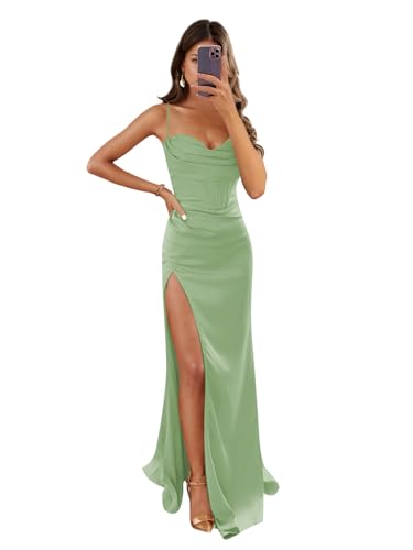 Image of Women's Mermaid Prom Dress with Slit Satin Bridesmaid Dresses Long Corset Evening Formal Party Gown