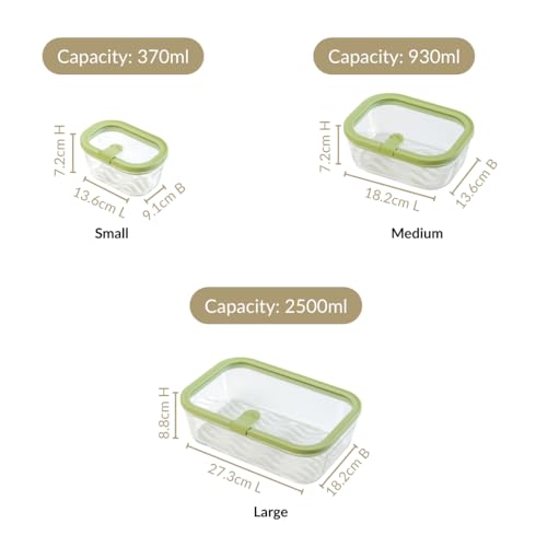 Image of Nestasia Vento Glass Containers with Lid Set of 4 (370ml x 2, 930ml x 1, 2500ml x 1) - Microwave, Refrigerator & Dishwasher Safe Containers with Air Vent Lid for Fridge Storage (Green)