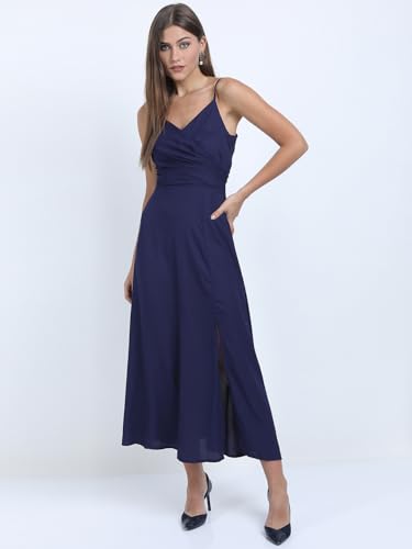 Image of Tokyo Talkies Women's Maxi Length | Strappy Design | High Slit | Flowy Silhouette Glamorous | Bold Thigh-High Slit for Effortless Elegance
