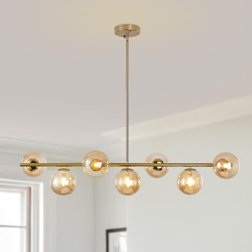 PUZHI HOME Modern Linear Sputnik Chandelier with 7 Amber Glass