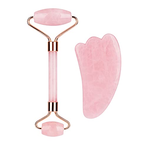 Jade Roller For Face, Rose Quartz Roller and Gua Sha Facial Tool Set - Face Roller: 100% Real Jade, Face Massager/Facial Roller for Skin, Eyes, Neck - Authentic, Durable, Noiseless Design (pink)