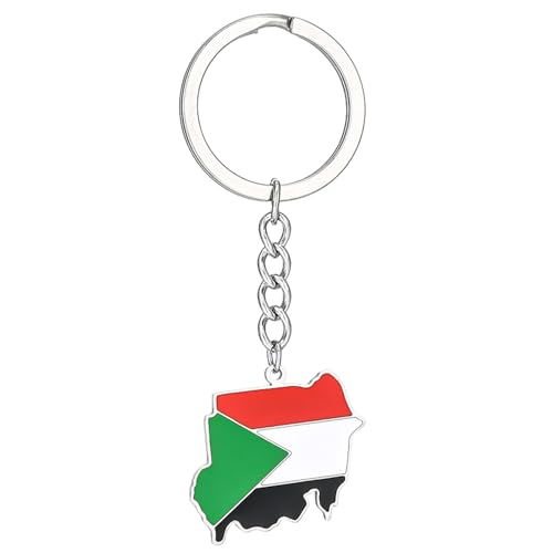 Qaonsciug Porte-clés en acier avec pendentif drapeau du Soudan pour homme et femme - Bague pour sac, voiture, bijoux souvenir de Noël, Argenté., taille unique