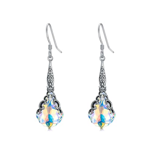 925 Sterling Silver Vintage Oxidized Victorian Leverback Dangle Drop Earrings with 16mm Purple Blue Crystal from Austria Anniversary Jewelry Gifts for Women
