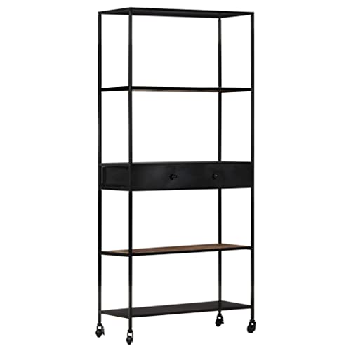 Yuhi-Hqyd Book Cabinet,Bathroom Storage Rack,Multifunctional Shelving,Modern Bookcase,With A Roller,Assembly Required,Unit For Your Kitchen,Office,Garage, 35.4"X13.8"X70.9" Rough Mango Wood & Iron #TOP7