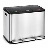 T-LOVENDO.ES Cubo de Basura Reciclaje 3 Compartimentos 3x15L Acero Inoxidable | Cubo Triple Pedales Independientes Antideslizantes | Contenedores Extraíbles | Tapa Cierre Suave | Cocina Oficina Hogar