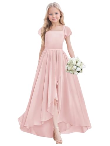 ZCOEXSO Girls Bridesmaid Dresses Blush Pink Ruffles Chiffon Flower Girl Dresses Princess Pageant Dress for Girls Size 6