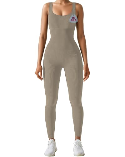AURUZA Workout Jumpsuit for Women, Seamless Ribbed Square Neck Sleeveless Unitard with Built-In Bra Pads, Tummy Control 4-Way Stretch Romper for Yoga, Gym and Casual Wear