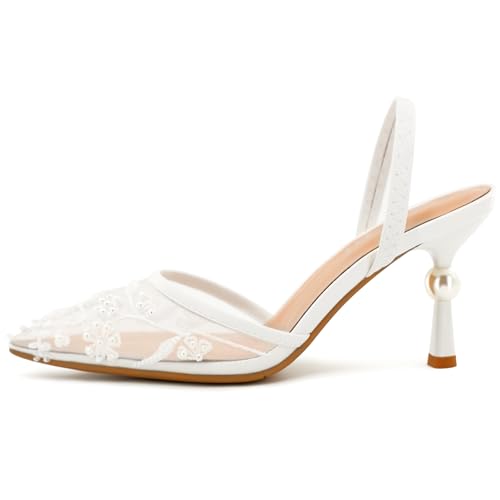 Bridal Shoes Slingback Heels for Women Kitten Heel Wedding Bride Pearl Glitter Pumps Evening Formal Sandals Dress2