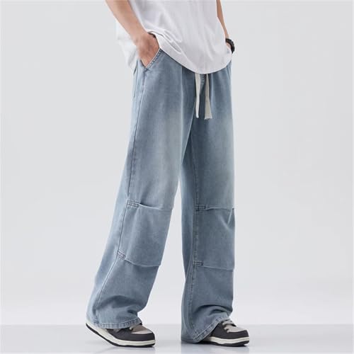 Men’S Baggy Jeans Straight Fit Denim Trousers with Elastic Waist Washed Trendy Wide Leg Pants2