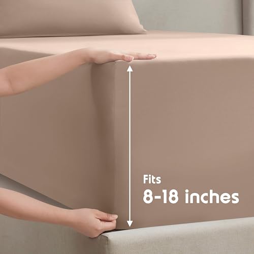 Image of Nestl Split King Bed Sheet Set - Taupe - 5-Piece Deep Pocket | Instantly Soft, Night-One Ready (No Wash Required). Fits 16-Inch Deep Pockets, 360-Degree Elastic Grip