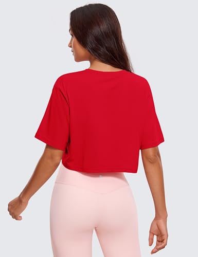 Image of CRZ YOGA Pima Cotton High Neck Crop T-Shirt | Workout, Naturally Soft, Loose Fit, Short Sleeve Tops for Women
