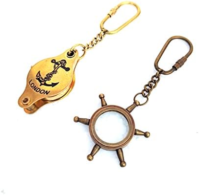 Vintage Nautical Keychain Set, Brass London Anchor Compass Design, Gold and Bronze, Ship Wheel Magnifying Glass, Maritime Collectible, 2 Pack image 5