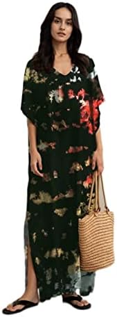 Bsubseach Women Print Beach Kaftan Dress Short Sleeve Plus Size Bathing Suit Cover Ups