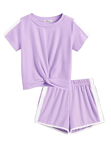 Arshiner Girls Activewear Sets 2Pcs Summer Outfits Twist Front Top Shirts and Shorts Jogger Activewear Tracksuit Clothes Violet 9-10 Y